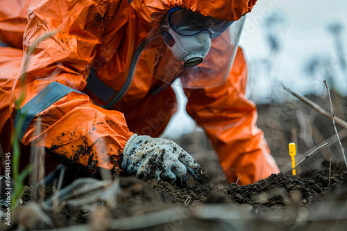 Worker in protective coveralls and mask taking a soil sample from a contaminated area