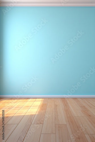 a floor in an empty room with the cyan wall