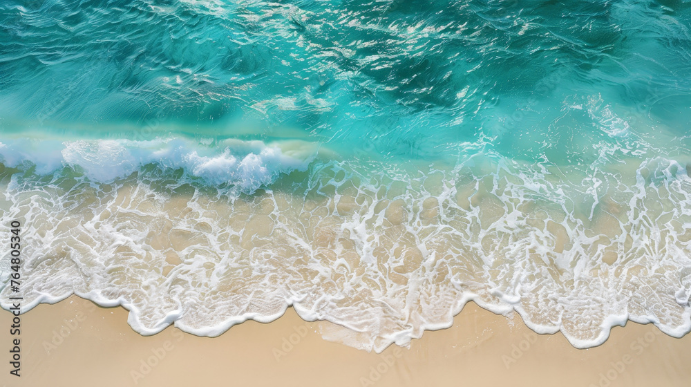 Serene Shoreline aerial view: Pristine Sandy Beach Meeting Gentle Turquoise Waves Serene Shoreline aerial view: Pristine Sandy Beach Meeting Gentle Turquoise Waves