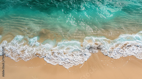 Serene Shoreline aerial view: Pristine Sandy Beach Meeting Gentle Turquoise Waves
