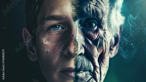  Background image of a man with one half of his face showing his youth and the other half showing his old age 