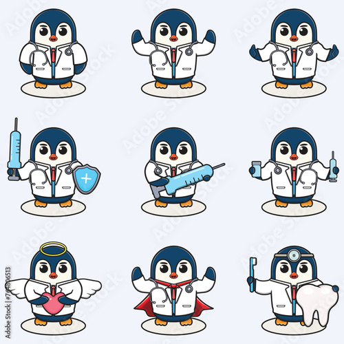 Vector Illustration of Cute Penguin cartoon with Doctor costume. Set of cute Penguin characters. Collection of funny little Penguin.