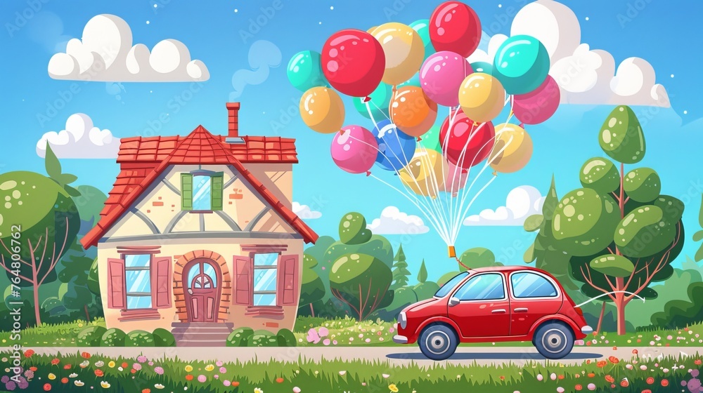 cartoon bacground. vector illustration. a red-ribboned car landing in front of the house with lots of balloons