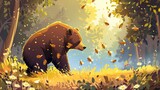 cartoon background. vector illustration. A swarm of bees chasing a bear trying to escape by stealing the bees' honeycomb