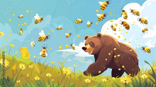 cartoon background. vector illustration. A swarm of bees chasing a bear trying to escape by stealing the bees' honeycomb