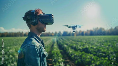 A man wearing a virtual reality headset is watching a drone fly over a field. The drone is flying low to the ground, and the man is looking up at it with interest. Concept of excitement and wonder, AI