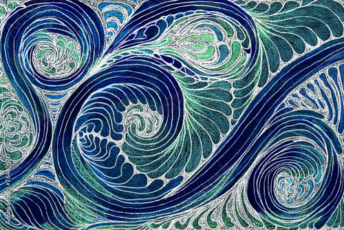 Decorative abstract waves in the ocean. The dabbing technique near the edges gives a soft focus effect due to the altered surface roughness of the paper.