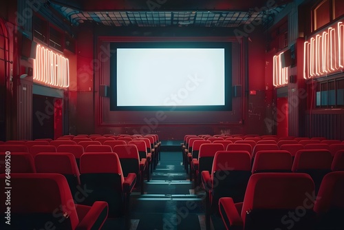 Awaiting Audience: Empty Movie Theater with Red Seats and Blank Screen. Concept Movie Theaters, Seating Arrangements, Interior Design, Entertainment, Audience Engagement
