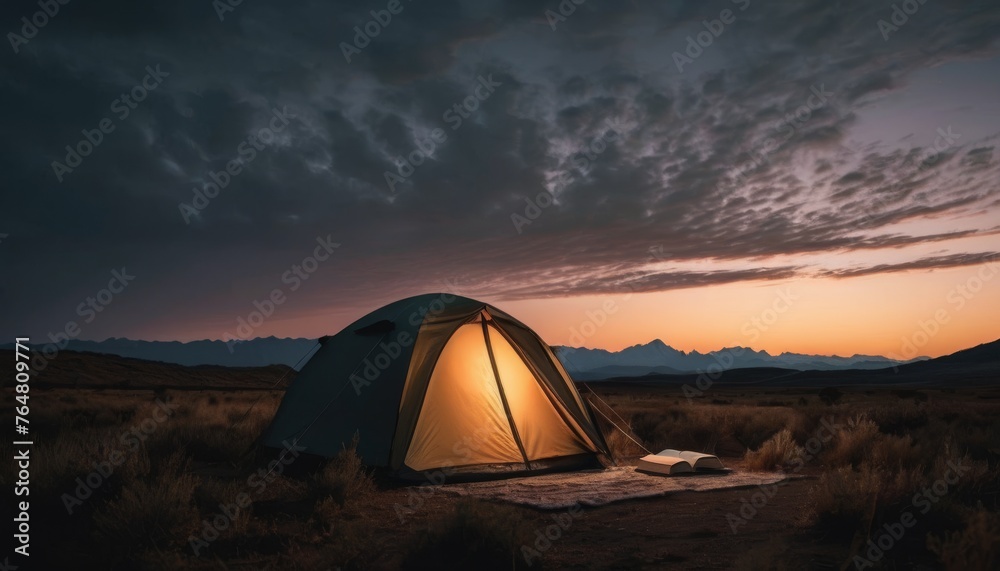 A solitary tent glows under a twilight sky in a remote wilderness, symbolizing solitude and the beauty of nature away from civilization. AI generation