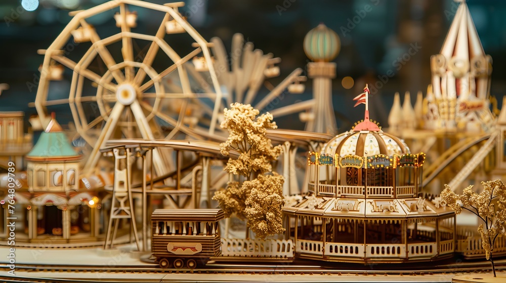 Handcrafted mini model of the amusement park made of wood