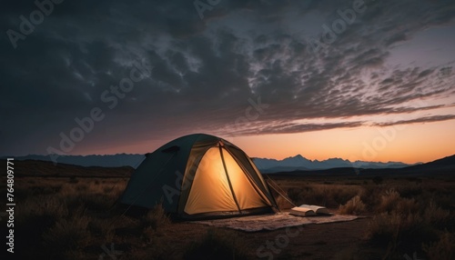 A solitary tent glows under a twilight sky in a remote wilderness, symbolizing solitude and the beauty of nature away from civilization. AI generation