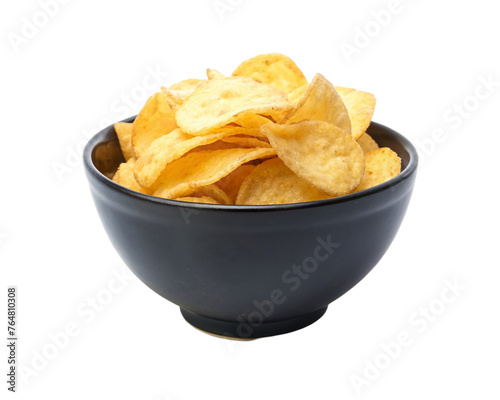 Potato chips in a black bowl isolated on transparent background. Close up.