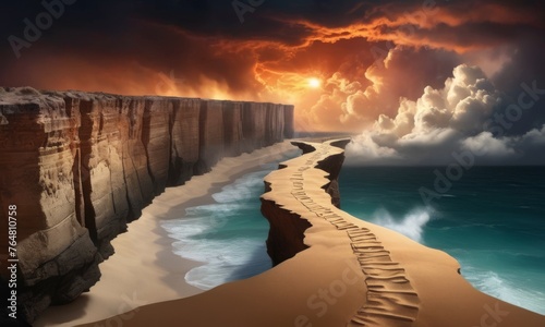 A surreal landscape capturing a serpentine staircase carving through sandy cliffs against a dramatic sunset sky, evoking a sense of adventure and timelessness AI generation