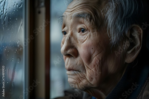 An elderly Asian man gazes out a window in a nursing home, looking contemplative and melancholic. Concept Loneliness, Contemplation, Sadness, Nursing Home, SeniorCitizen