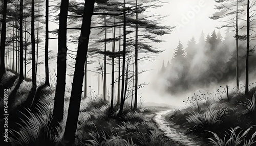 Path in the foggy forest - Black and white ink drawing