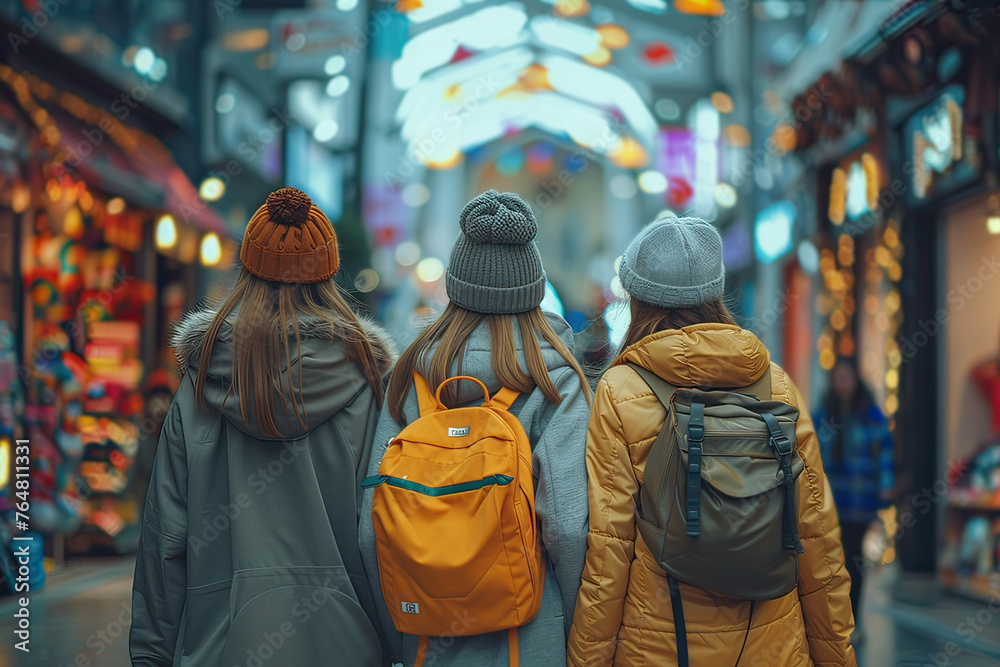 Obraz premium Back view of teenagers with backpack walking on the street. Generative AI.