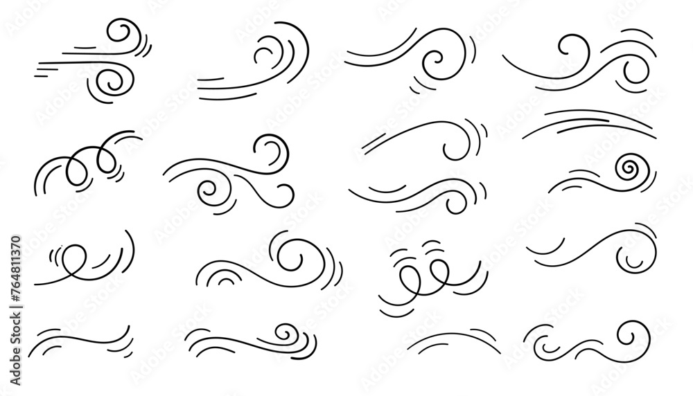 Obraz premium Doodle Wind Hand drawn style collection. Set of Wind Blow, Gust Design. Vector Illustration isolated on white background