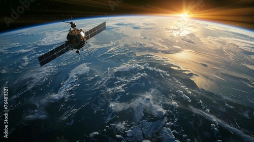 A satellite is seen flying above the curved surface of the Earth, capturing data and transmitting signals back to ground stations. The satellite orbits the planet in space, providing essential