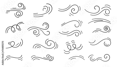 Doodle Wind Hand drawn style collection. Set of Wind Blow, Gust Design. Vector Illustration isolated on white background