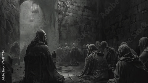 Prisoners kneeling before the king, whose face was invisible in the darkness, begging for forgiveness photo