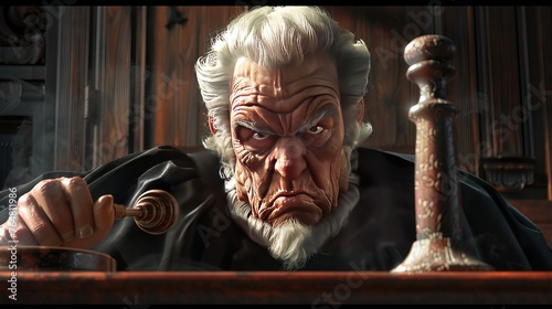 the angry face of the judge as he rattles his gavel to announce his decision at the end of the trial
