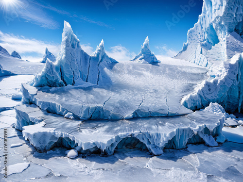 Arctic Iceberg Display Background, Water podium, Ice background podium, cold winter snow product platform, frozen lake, mountain iceberg, ice glacier podium, icy stand, nature pedestal arctic concept