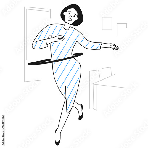 Middle-aged woman using plastic hoop, hula hoop to keep fit at home