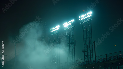 misty air hangs in front of baseball stadium lights at night