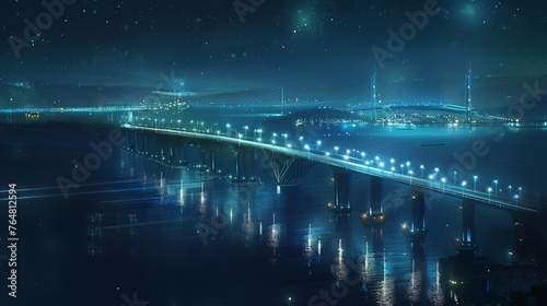 The magnificent view created by the midnight illumination of the long bridge built in the middle of the sea separating the two sides of the city