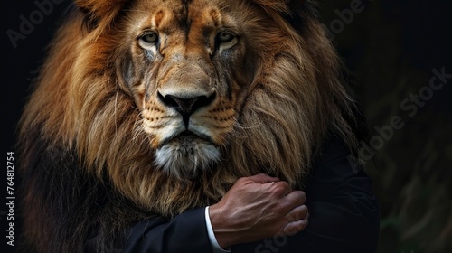 The noble stance of the lion caressed by its owner 