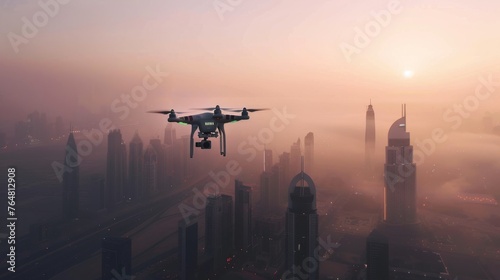 Drone is seen flying above a city enveloped in thick fog. The aircraft cuts through the mist, creating a stark contrast against the cityscape below. Lights from buildings and vehicles below are