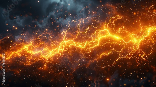 Thunderbolts flashing and dazzling in blue light. Lightning collision and impulse wave effect. Yellow light, luminous thunderbolts, and glittering electricity. Modern illustration.