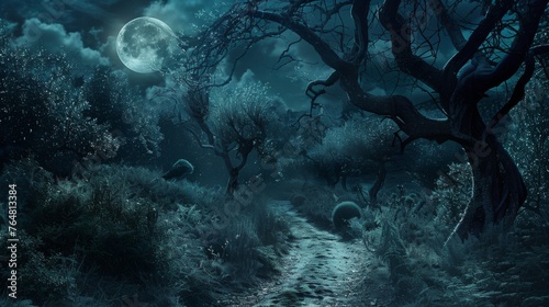 A captivating moonlit forest with glowing fireflies and a winding trail, evoking a sense of wonder and fantasy under a full moon.