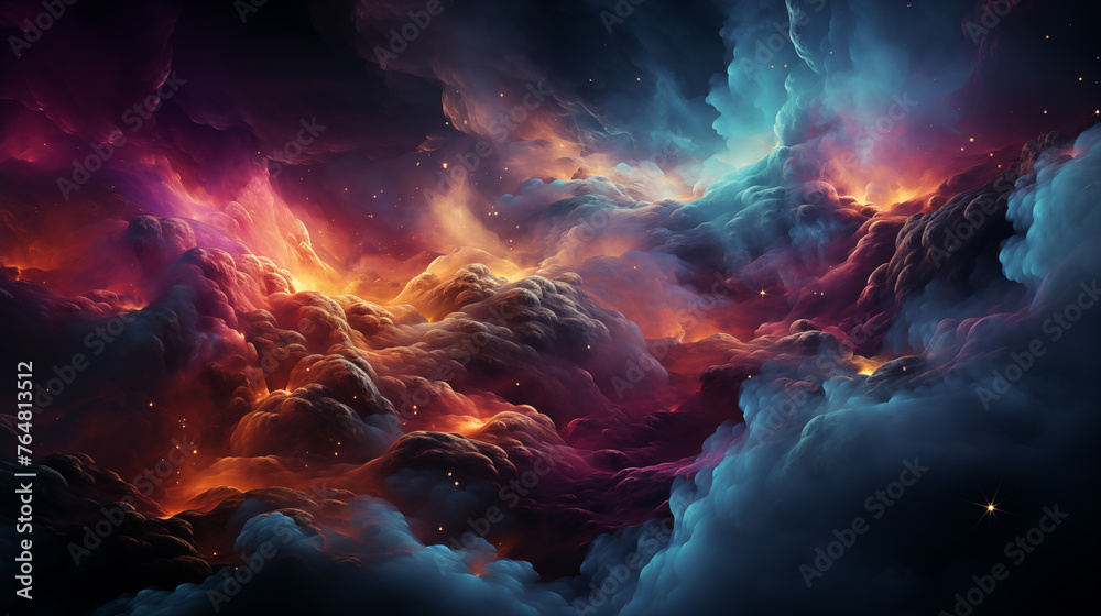 Magical abstract with universe stars and dreamy colors, colorful smoke and dust abstraction with dreamy fantasy scene 