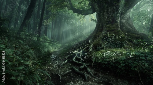 A mystical trail winds through a lush forest, with ancient tree roots sprawling across the path, all shrouded in soft morning mist. © doraclub