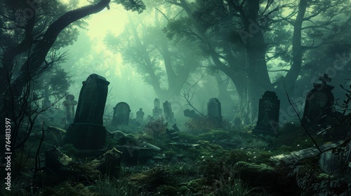 Shafts of light pierce the mist in a mystical cemetery  nestled in a serene clearing of an ancient  shadowy forest.