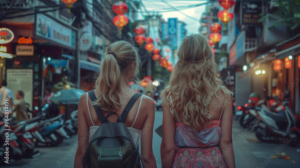 Two blonde tourists on a Bangkok street.
