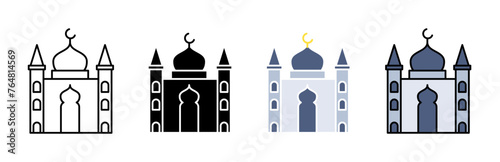 Architectural Mosque and Minaret Icons. Islamic Masjid and Worship Building Symbols