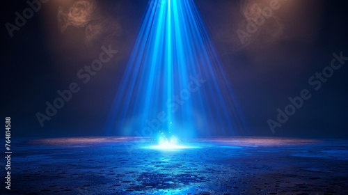 Vertical light projector effect. Blue glowing stage light ray isolated on transparent background. Modern bright scene spotlight effect. Theater projector beam template for your design.