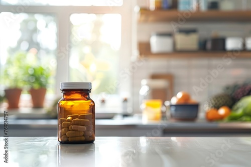 Medicine bottle with white pills on table in kitchen