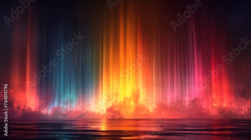 An aurora borealis transparent light effect is isolated against a black background. The image has an abstract explosion and iridescent light rays. An ideal design element for posters, flyers, and