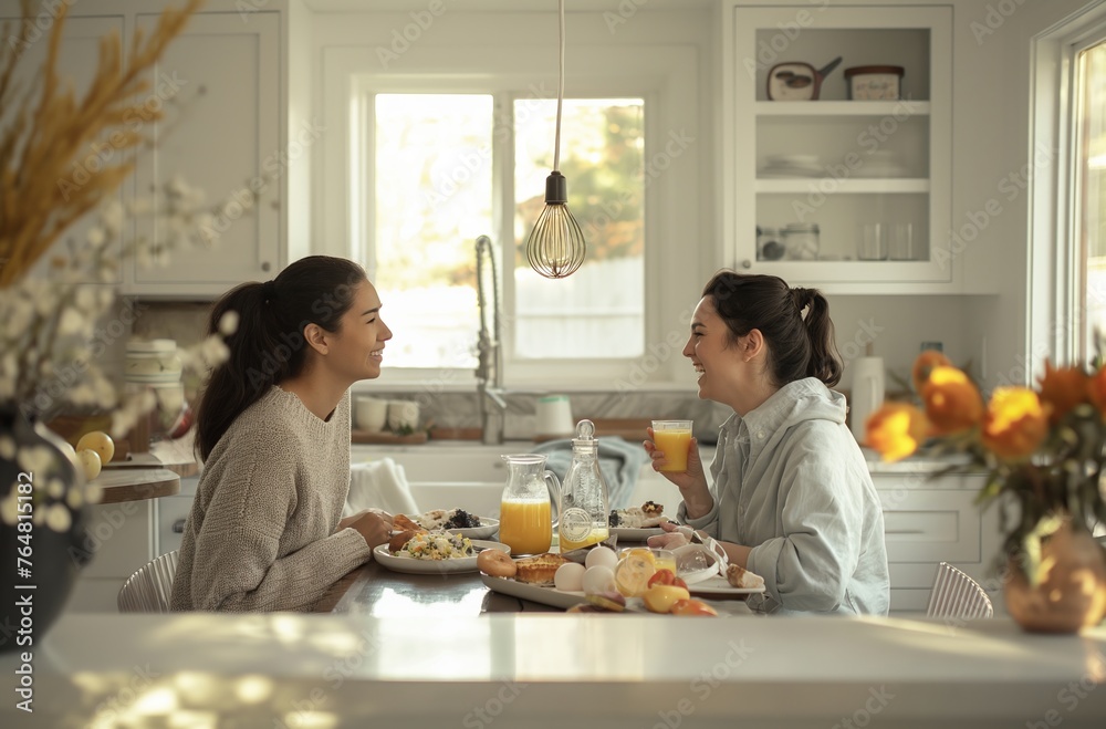 Two individuals enjoying a meal together in a bright, modern kitchen with a view of autumn landscape outside