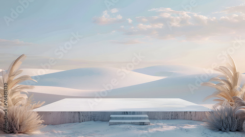 minimalistic long square rock, stone, beton empty podium with stairs in the hot desert with white sand, with beige plants on the sides, background with dunes, sandhills, outdoor scenes, blank, purest  photo