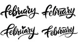 February calligraphy inscription Collection set. Phrase for count of every month. Ink illustration. Modern brush calligraphy. Isolated on white background.