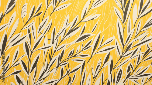 Fond jaune avec des branches et feuilles blanches minimalistes. Arrière-plan pour conception et création graphique. 