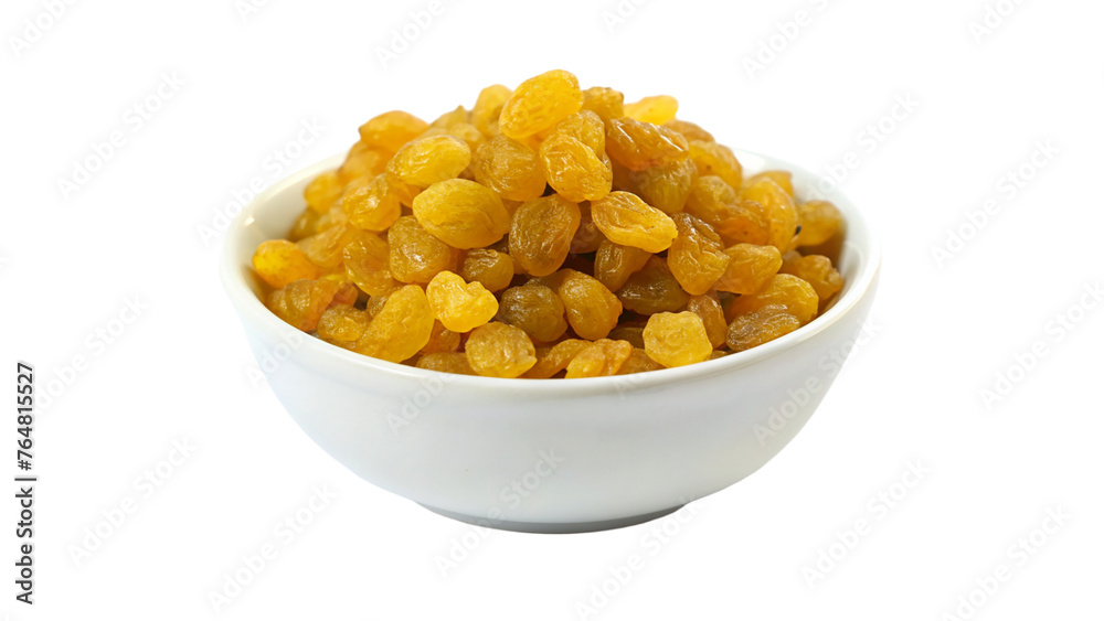 Raisins in a white bowl. Isolated on transparent background.