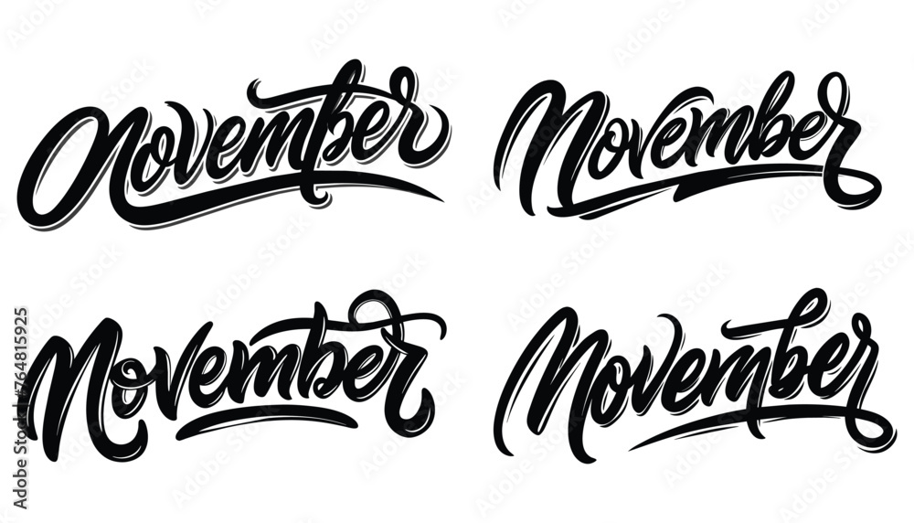  November calligraphy inscription Collection set. Phrase for count of every month. Ink illustration. Modern brush calligraphy. Isolated on white background