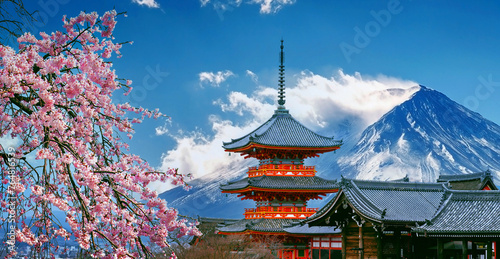 Cherry blossoms and red pagoda in Japan.
