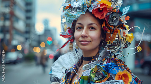 A young woman dressed in a creative DIY costume, made of recycled materials, with details of the costume's unique design, the woman's proud expression, and the urban setting behind her.