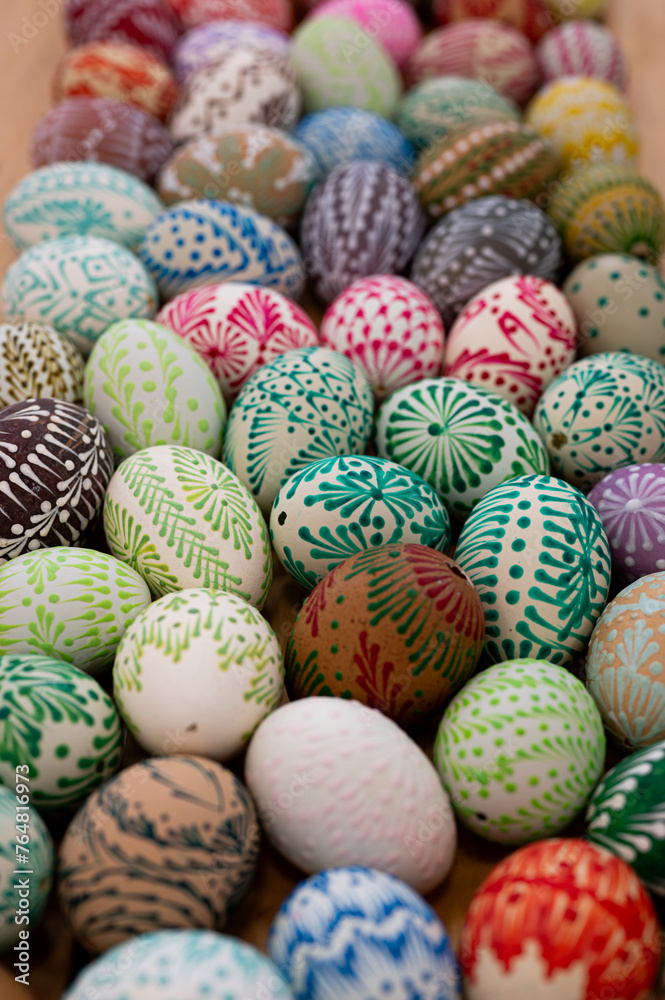 Close-up of colorful easter eggs in container Close-up of colorful easter eggs in container